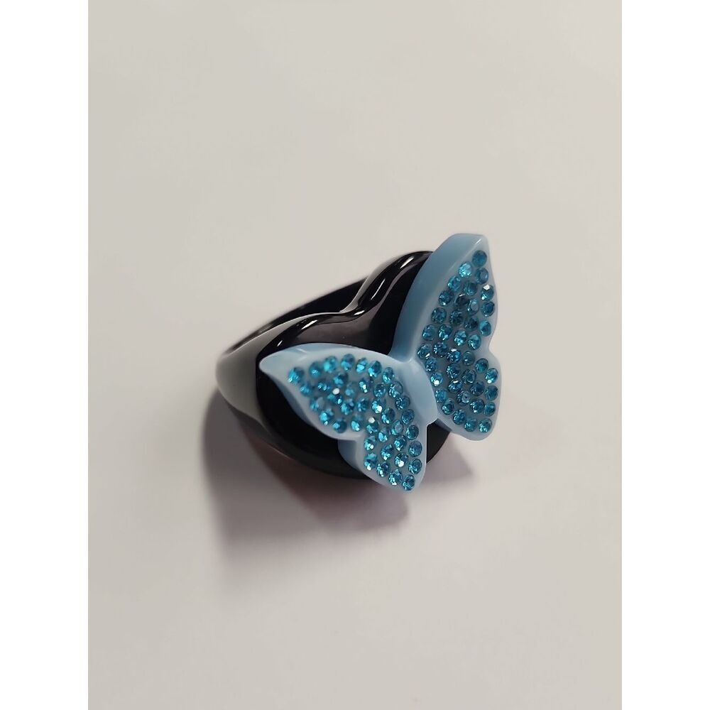 Sparklemuse Acrylic Crystal Butterfly Heart Ring Black Blue Size 8.5